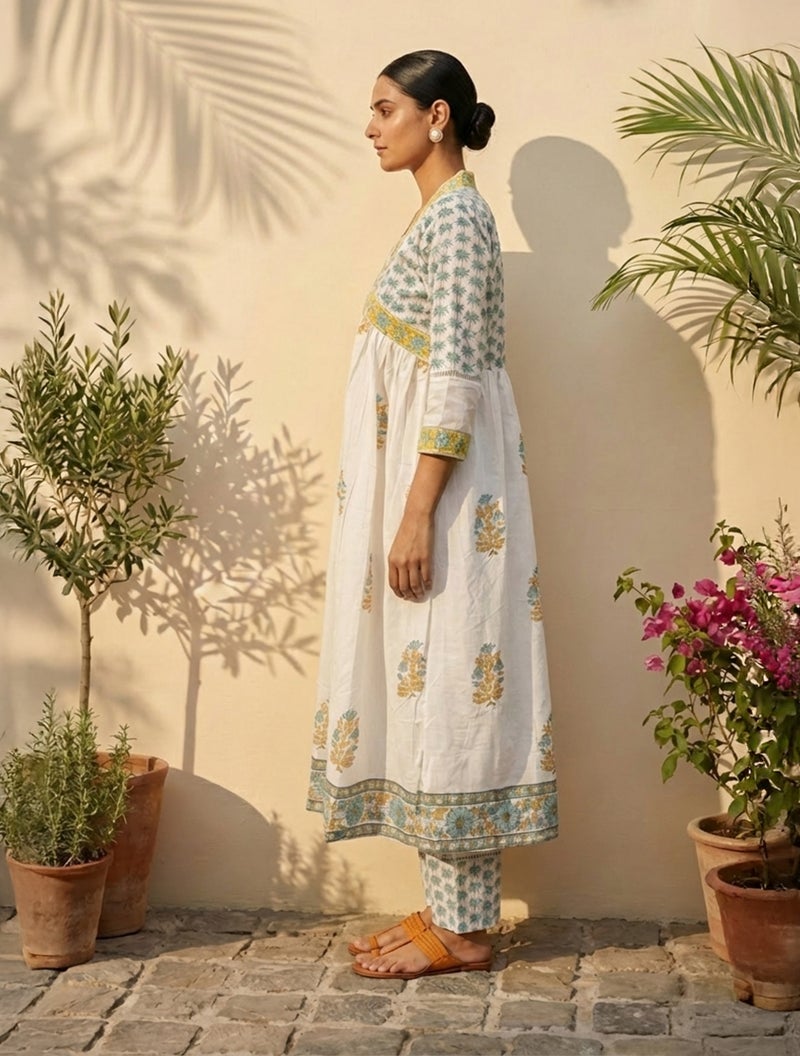 trueBrowns طقم أناركالي كورتا بنطال ودوباتا مطبوع بالأبيض والأصفر من TrueBrowns - Image 3